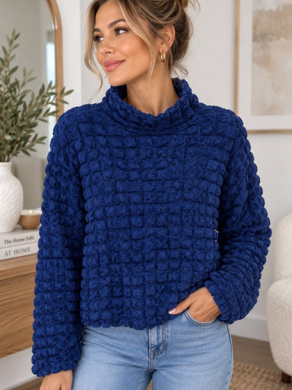 Zara Blue Popcorn Bubble Textured Mock Neck Long Sleeve Top Size M